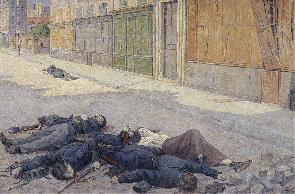 Tableau "Une rue de Paris en mai 1871" par Maximilien Luce : cadavres de communards et barricade renversée pendant la Semaine sanglante - illustration de la dark history brutale de la Commune de Paris